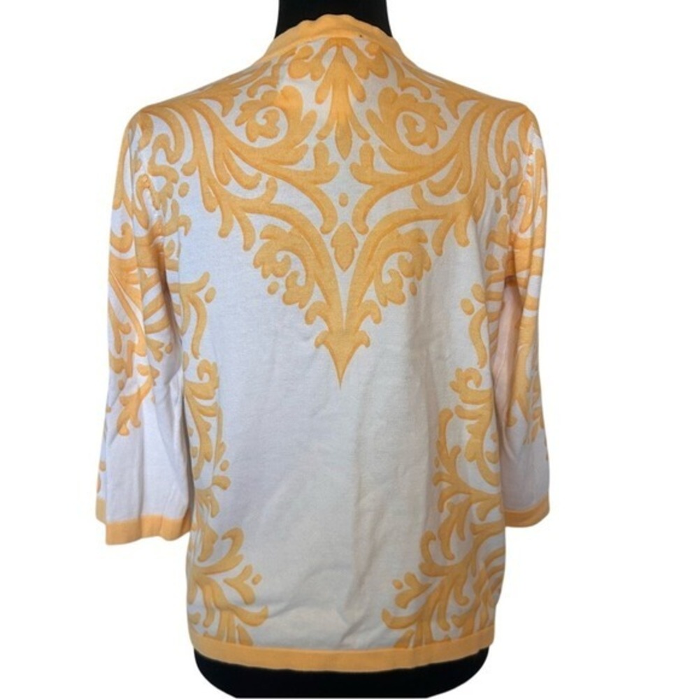 Bob Mackie Wearable Art Cardigan Sweater Yellow White Damask Scroll Knit XS NWT - Picture 2 of 6